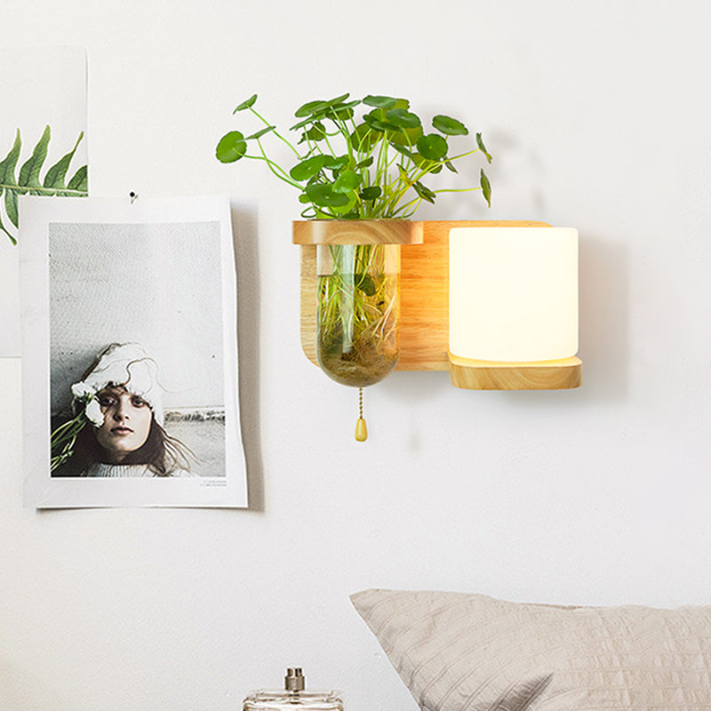 BowLift | Wood Globe/Cylinder Wall Sconce Nordic Cream Glass 1 Light Bedroom Wall Lamp with Plant Pot and Pull Chain