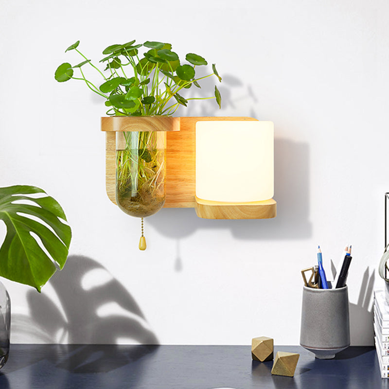 BowLift | Wood Globe/Cylinder Wall Sconce Nordic Cream Glass 1 Light Bedroom Wall Lamp with Plant Pot and Pull Chain