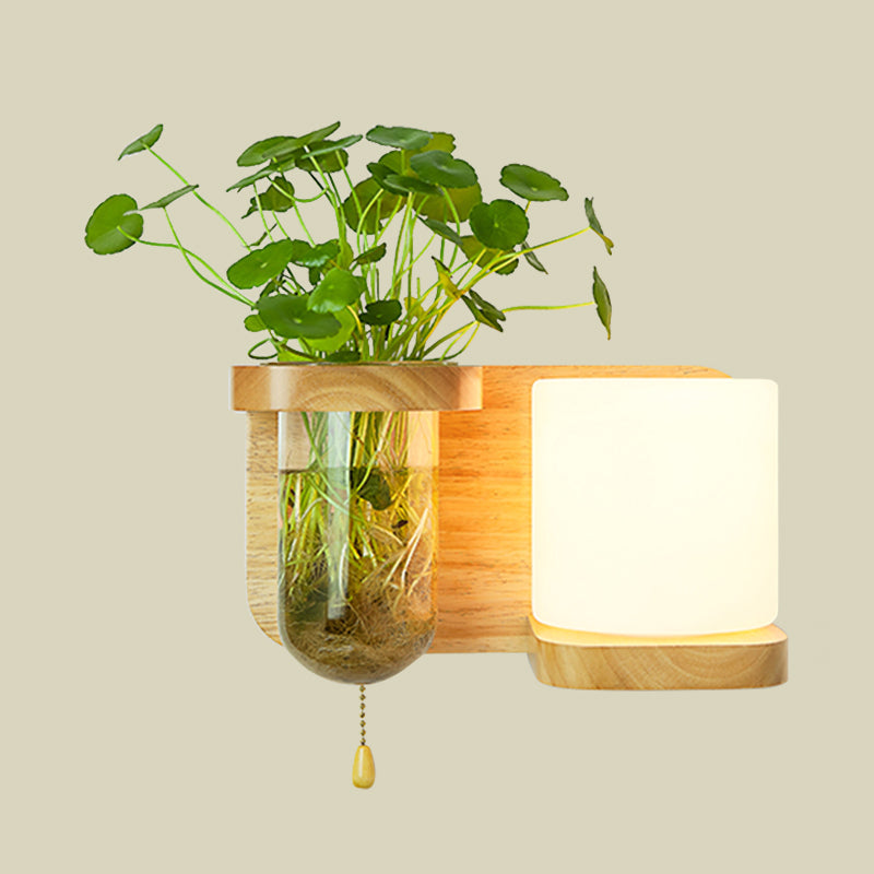 BowLift | Wood Globe/Cylinder Wall Sconce Nordic Cream Glass 1 Light Bedroom Wall Lamp with Plant Pot and Pull Chain