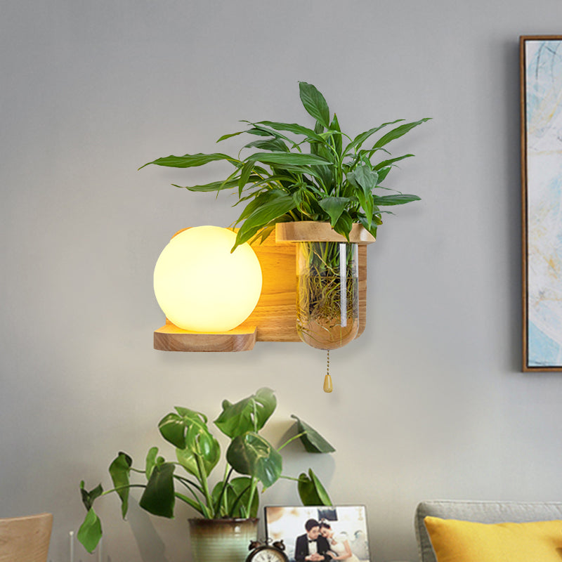 BowLift | Wood Globe/Cylinder Wall Sconce Nordic Cream Glass 1 Light Bedroom Wall Lamp with Plant Pot and Pull Chain