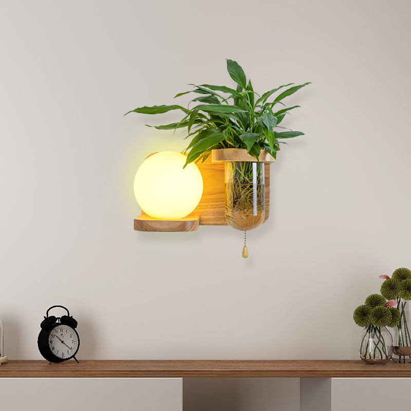 BowLift | Wood Globe/Cylinder Wall Sconce Nordic Cream Glass 1 Light Bedroom Wall Lamp with Plant Pot and Pull Chain