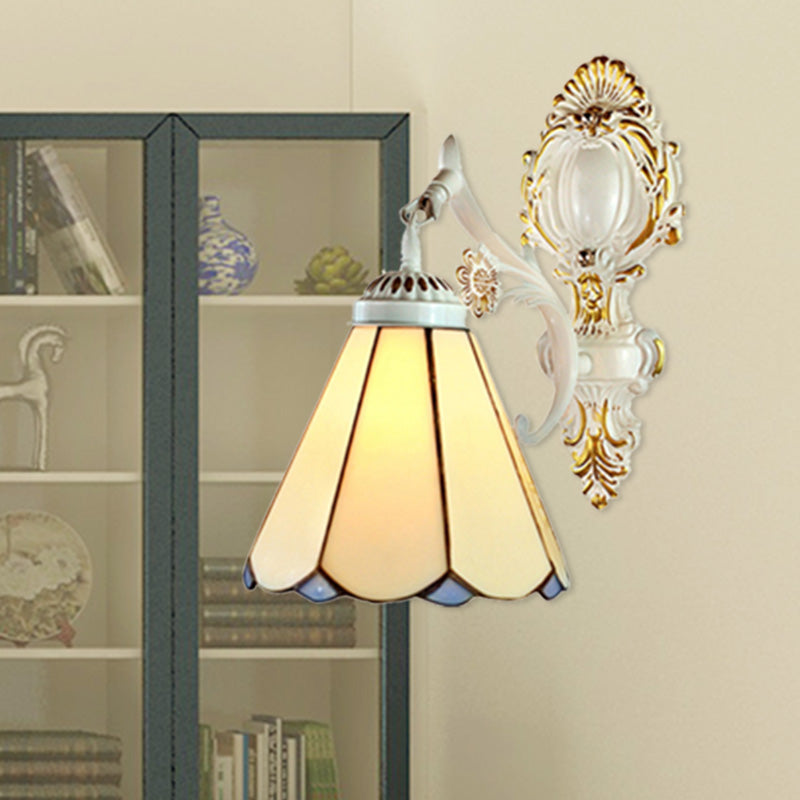 BowLift | Cone Wall Lamp Traditional Beige Glass 1 Light Wall Lighting in White Finish for Bedroom