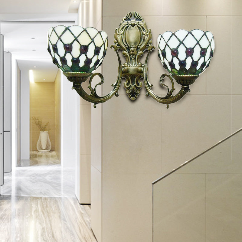 BowLift | 2-Lamp Grid Bowl Wall Lamp Tiffany Traditional Wall Lamp in Blue/Beige for the Bathroom
