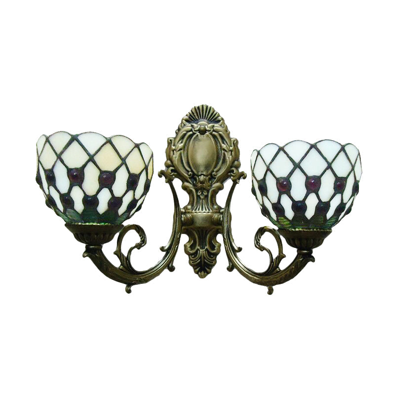 BowLift | 2-Lamp Grid Bowl Wall Lamp Tiffany Traditional Wall Lamp in Blue/Beige for the Bathroom