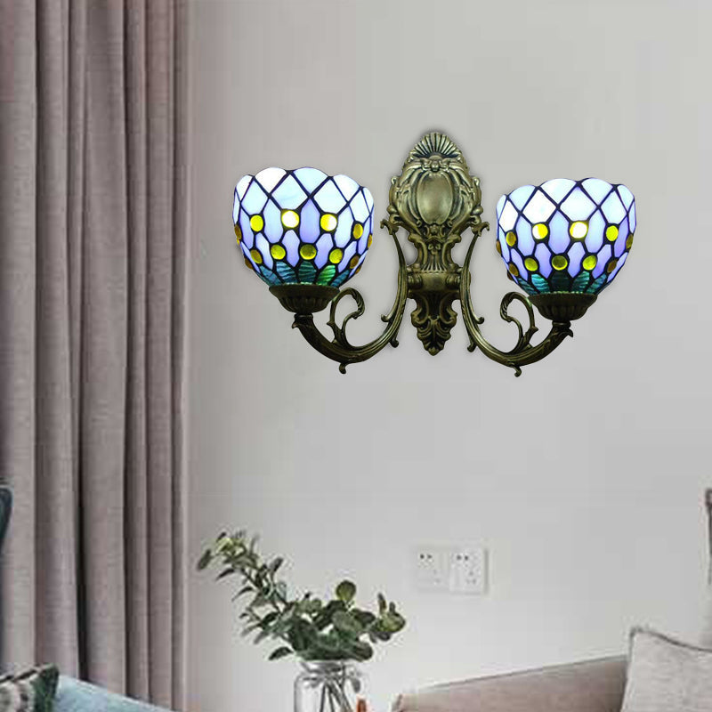 BowLift | 2-Lamp Grid Bowl Wall Lamp Tiffany Traditional Wall Lamp in Blue/Beige for the Bathroom