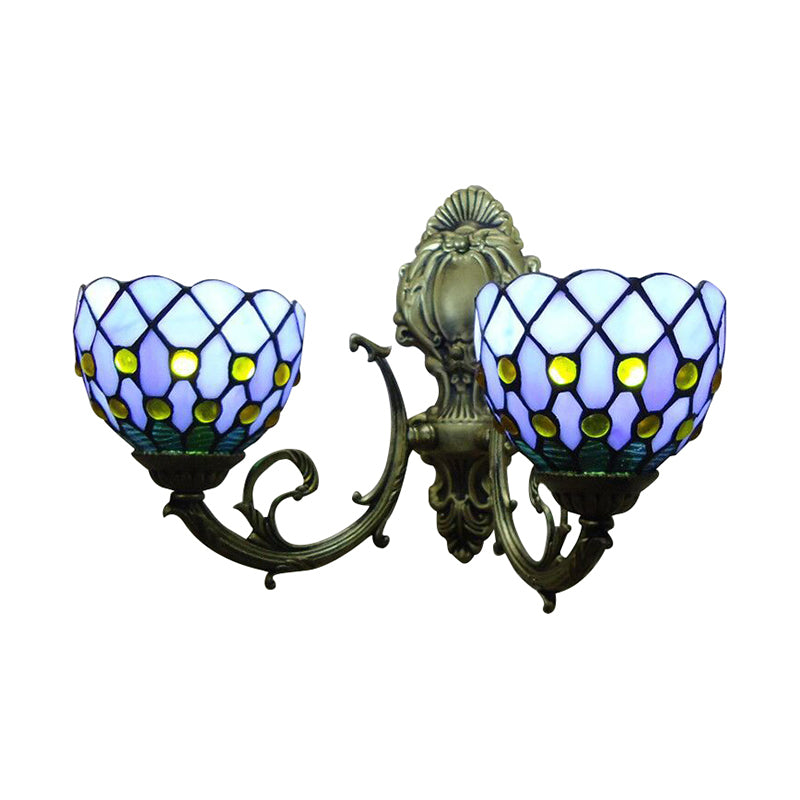 BowLift | 2-Lamp Grid Bowl Wall Lamp Tiffany Traditional Wall Lamp in Blue/Beige for the Bathroom