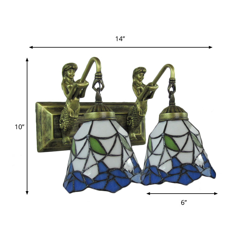 BowLift | 2 heads hallway wall lamp Mediterranean antique bronze wall-mounted lamp with flared blue and white glass shade