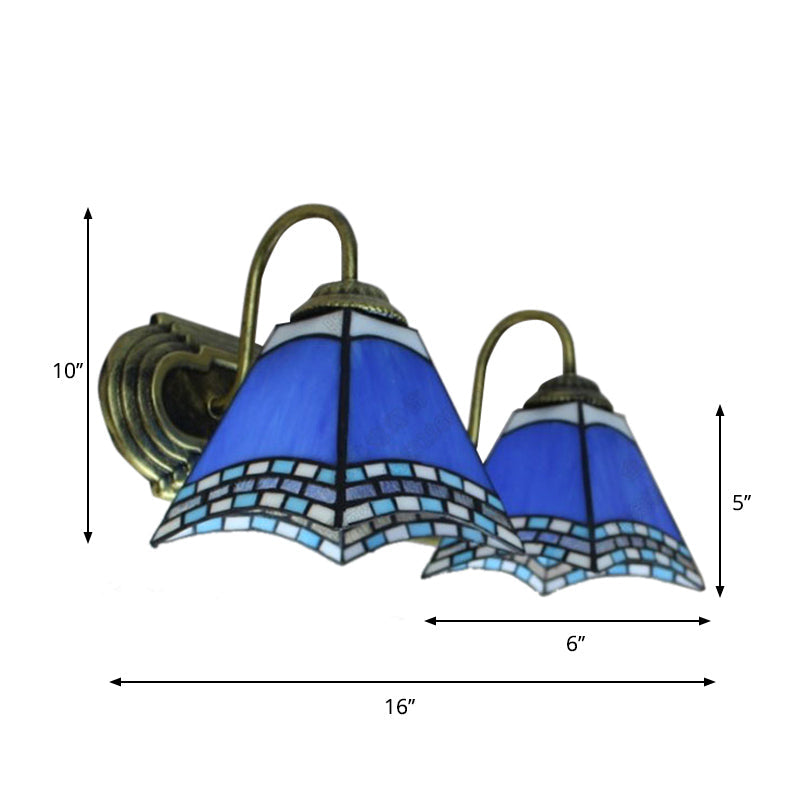 BowLift | Blue Glass Pyramid Wall Mounted Light Mediterranean 2 Heads Bronze Wall Light