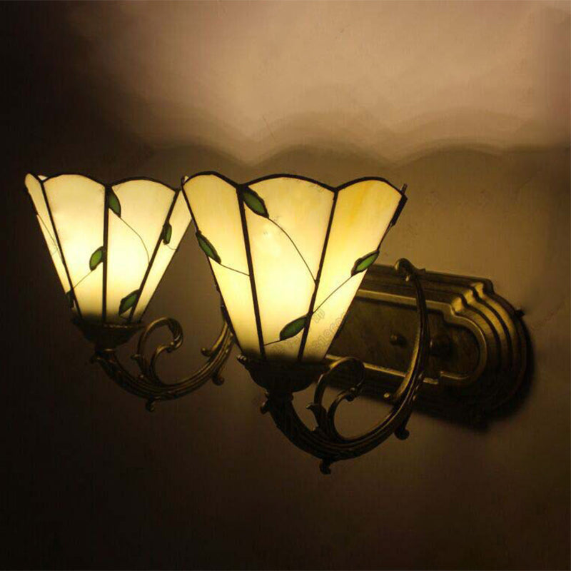 BowLift | Beige Cone-shaped Wall Lamp with Leaf 2 Heads Tiffany Rustic Glass Wall Light for the Study Room