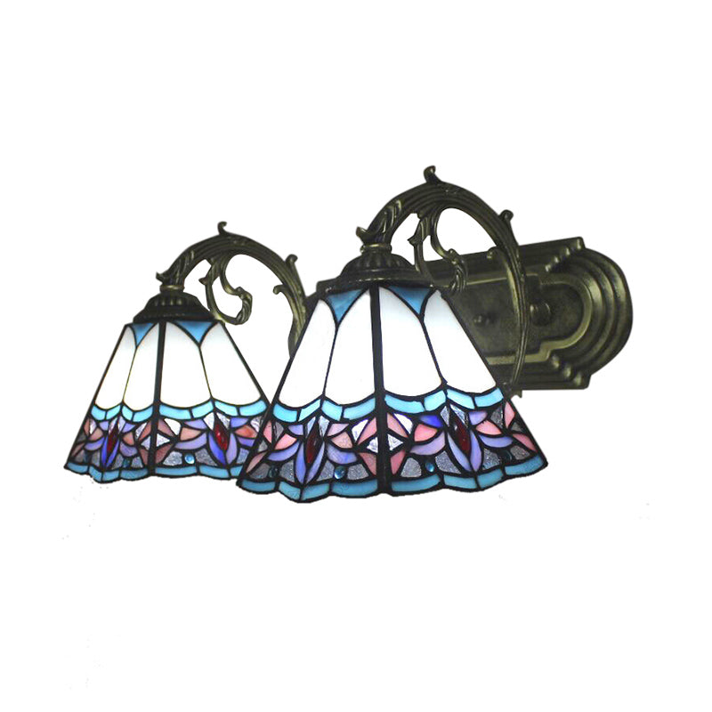 BowLift | 2 Bulbs Pyramid Wall Light Tiffany Classic Stained Glass Wall Lamp in Blue with Curved Arm for Hallway