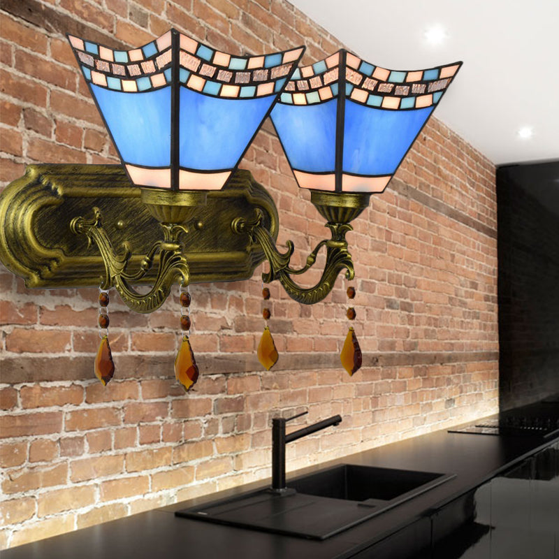 BowLift | Blue Craftsman Wall Light with Agate 2 Bulbs Mediterranean Stained Glass Wall Light for the Entrance Area