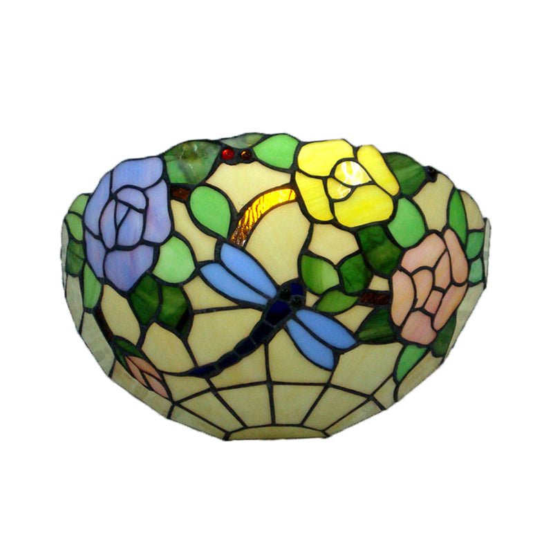 BowLift | Colorful Bowl Wall Lamp with Flower and Butterfly Rustic Tiffany Glass Wall Light for Balcony