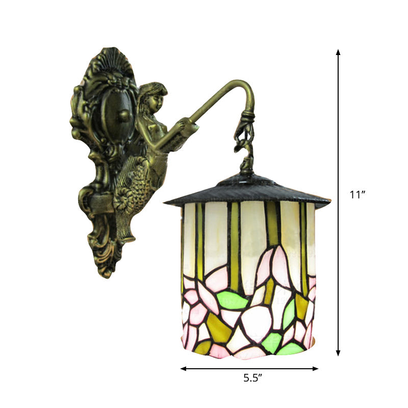 BowLift | Cylinder Wall Light Tiffany Beige Glass 1 Head Hall Wall Mounted Lamp with Flower Pattern