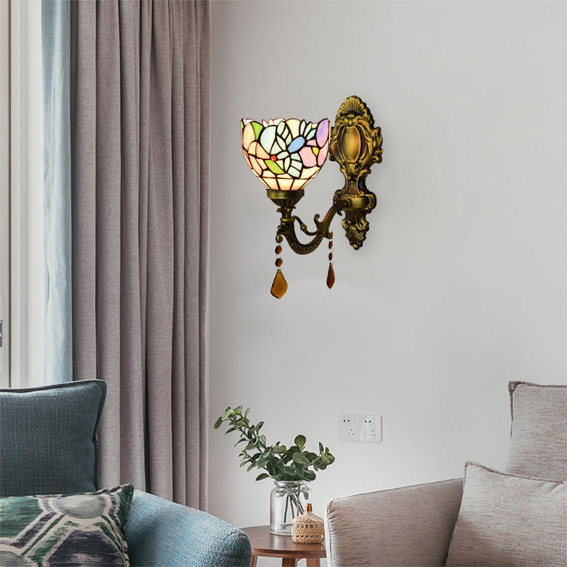 BowLift | Bedroom Blossom Bird Wall Lamp Stained Glass 1 Head Wall Sconce with Agate Deco in Antique Brass