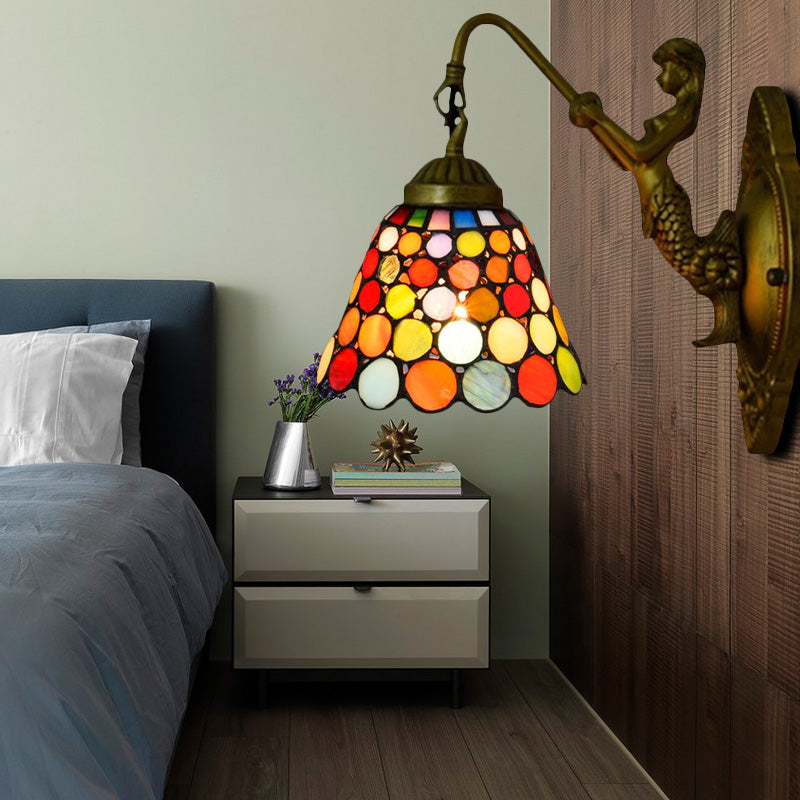 BowLift | Antique Brass 1 Head Wall Lamp Fixture Tiffany Multicolor Stained Glass Tapered Wall Lamp