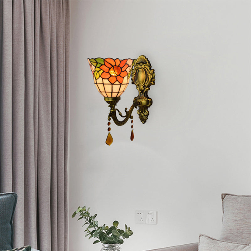 BowLift | Bowl Wall Lamp Tiffany Glass in Lead 1 Lamp Floral Wall Lamps with Crystal in Orange