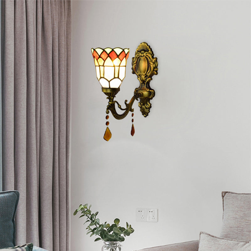 BowLift | 1 Light Small Bell Woven Light Tiffany Etched Glass Wall Lamp with Agate for Study Room