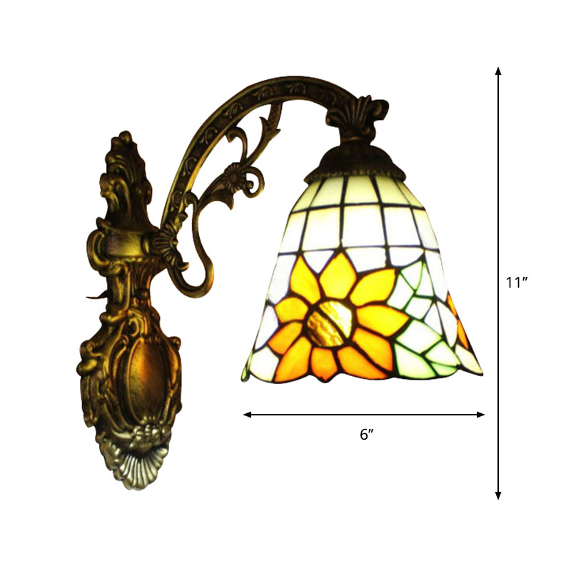 BowLift | Yellow glass bell-shaped wall lamp with sunflower and carved arm 1 bulb rustic wall fixture for villa