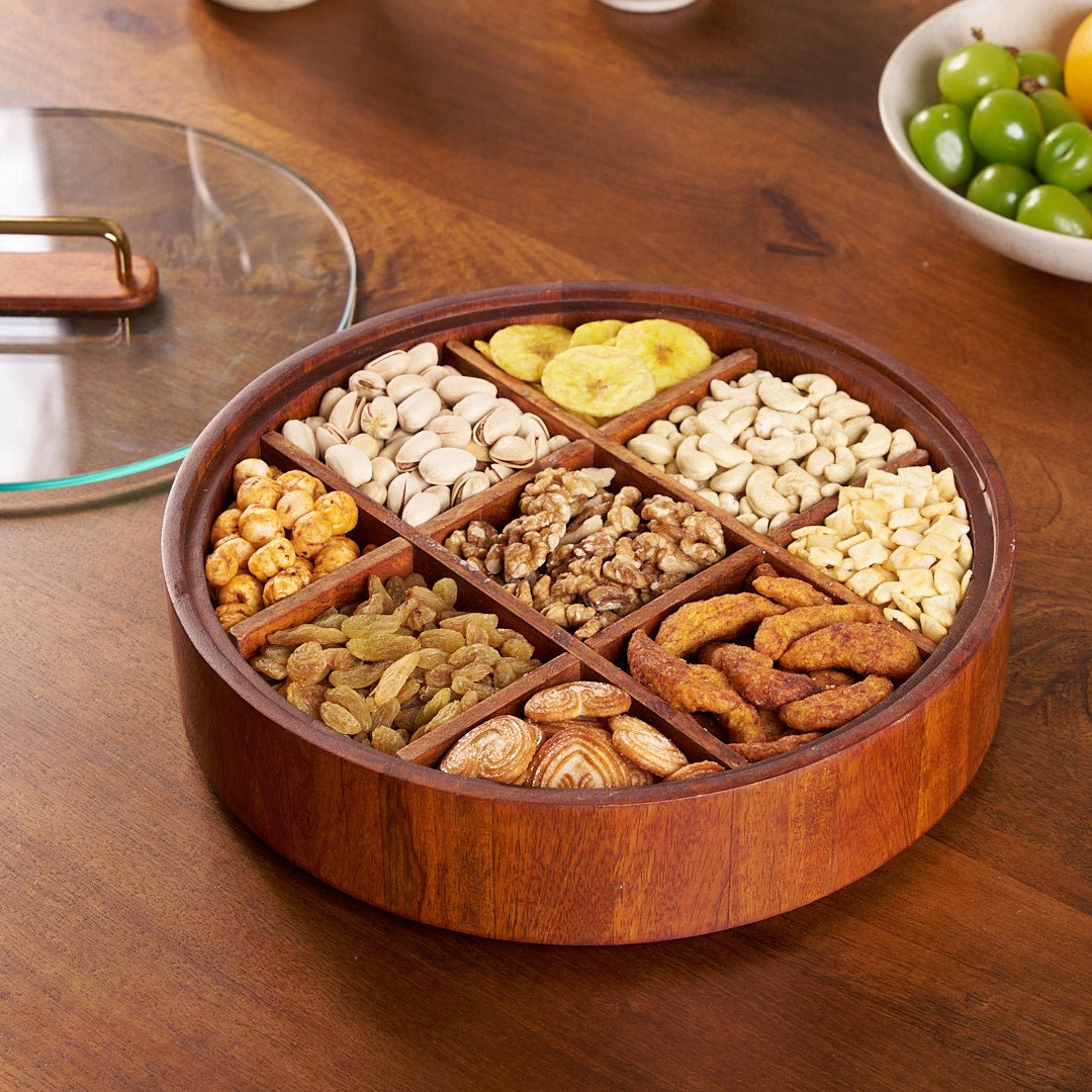 BowLift | BambooSpin – 9-Compartment Serving Tray with Rotating Lid | Premium Bamboo Snack Platter