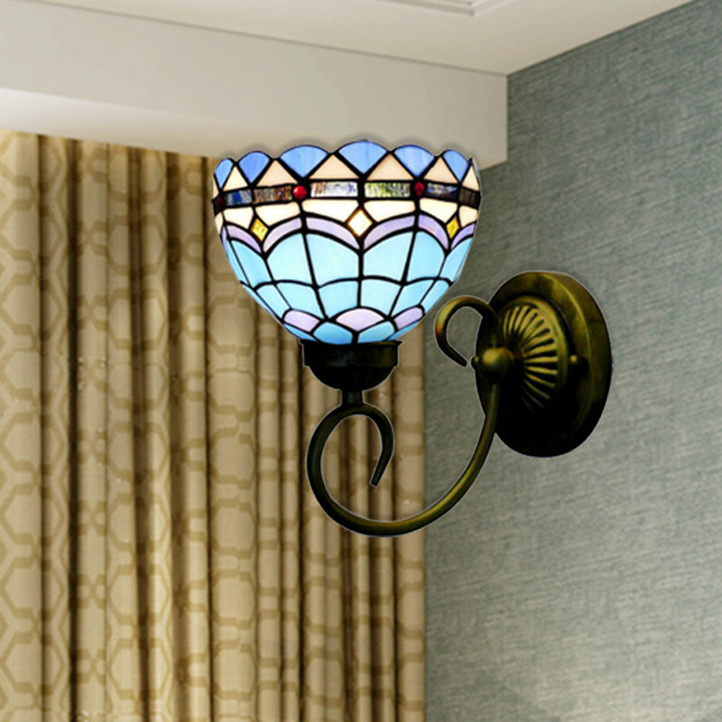 BowLift | Mediterranean Style Bowl Wall Lamp 6"/8" Width 1 Head Stained Glass Wall Lamp in Blue for Fabric Store