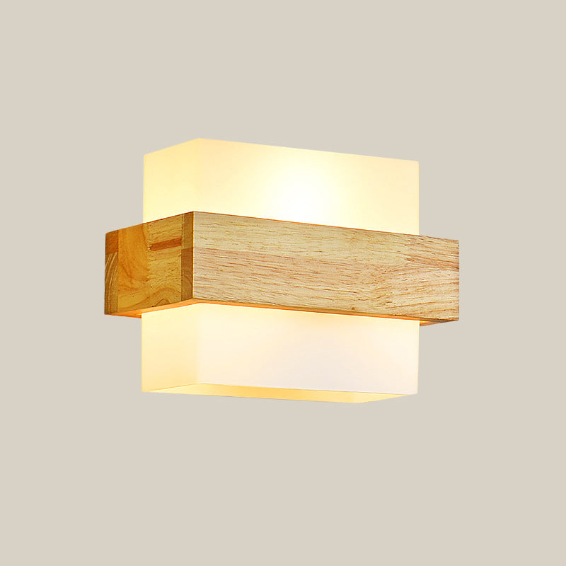 BowLift | Cube Wall Mount Light Fixture Minimalism Opal Glass 1 Main Color Beige Surface Wall Lamp with Wooden Detail