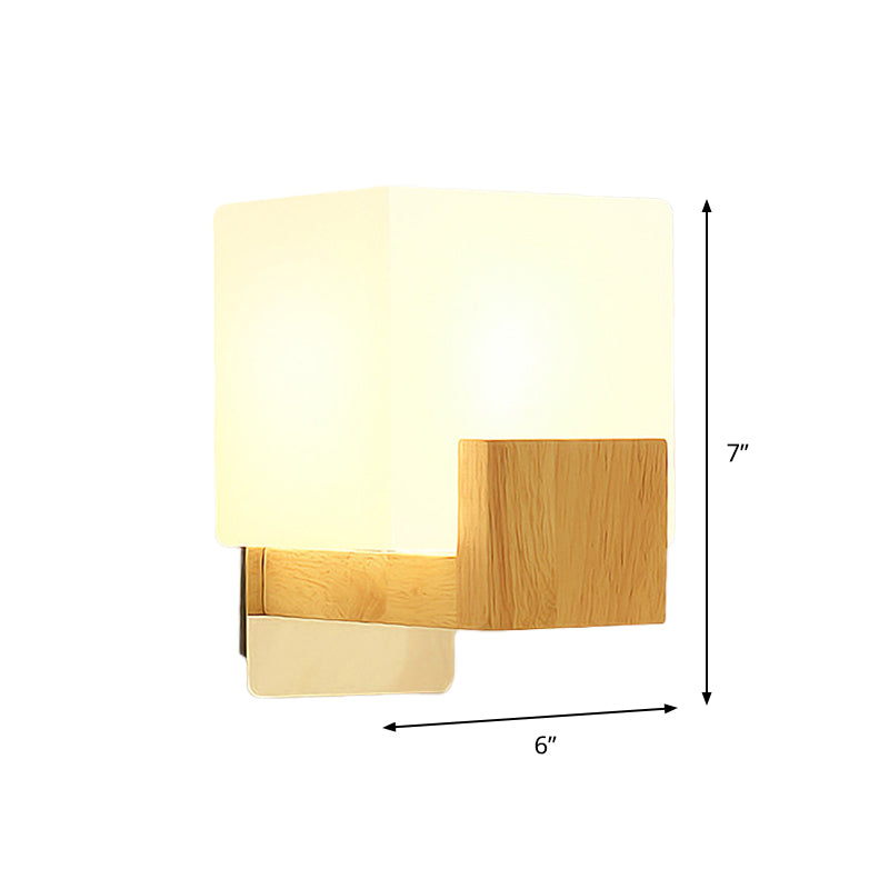BowLift | Cube Wall Mount Light Fixture Minimalism Opal Glass 1 Main Color Beige Surface Wall Lamp with Wooden Detail