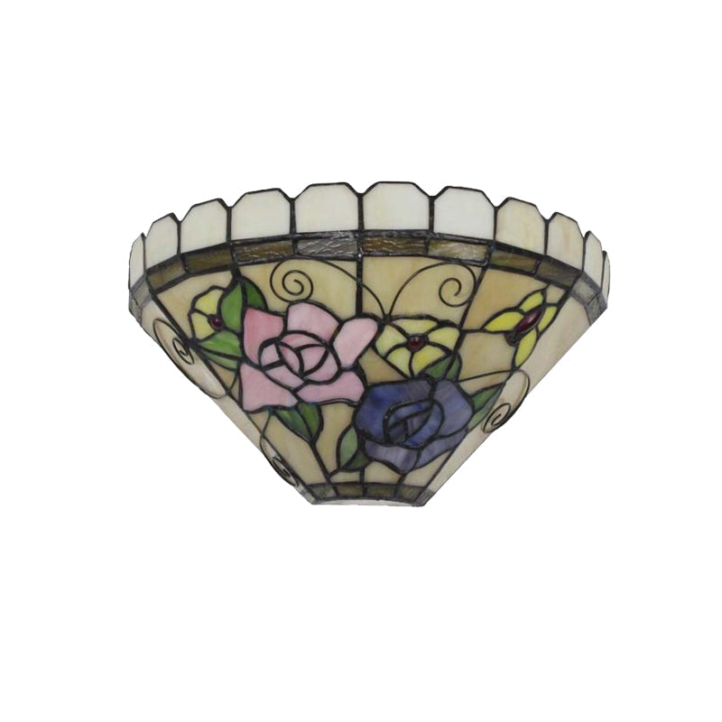 BowLift | 1 Light Beige Cone Wall Lamp with Flower and Butterfly Woven Glass Wall Light