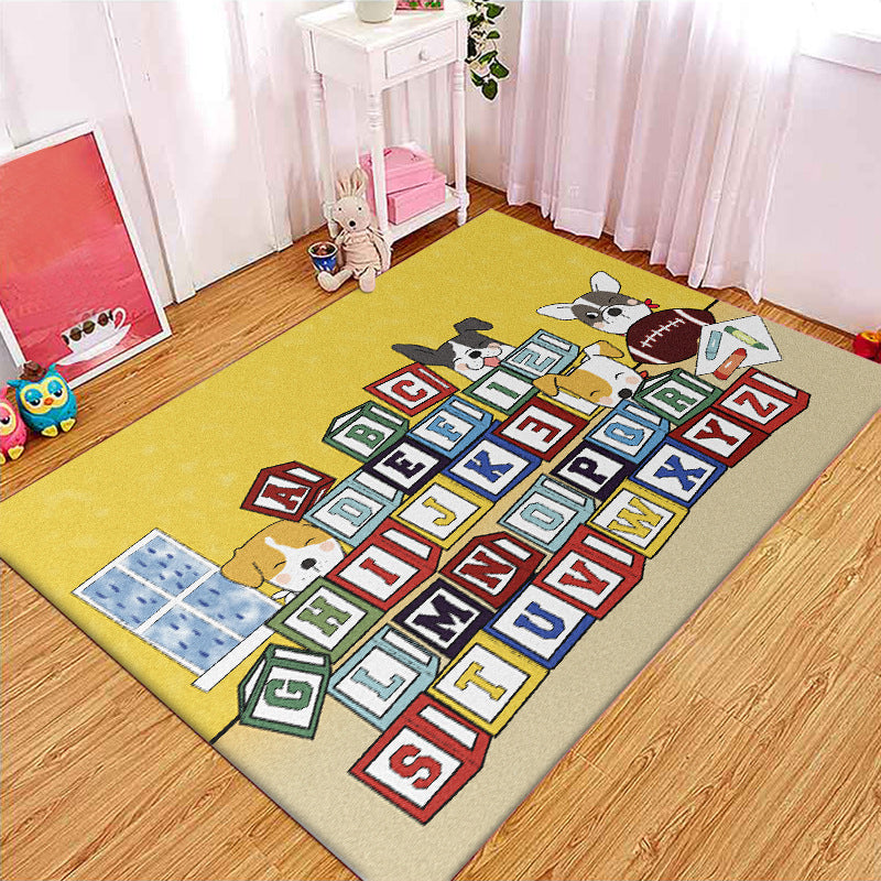 BowLift | Yellow Letter Pattern Carpet with Dog Polyester Kids Carpet Pet Friendly Washable Anti-Slip Carpet for Bedroom