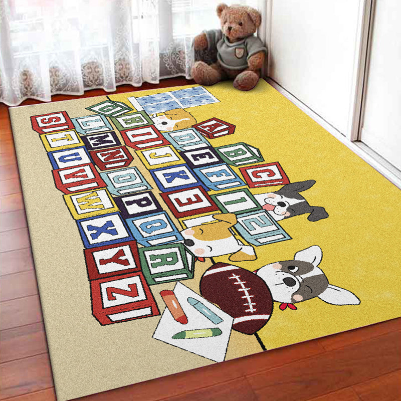 BowLift | Yellow Letter Pattern Carpet with Dog Polyester Kids Carpet Pet Friendly Washable Anti-Slip Carpet for Bedroom