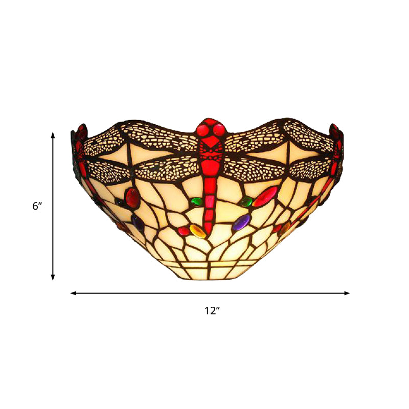 BowLift | Art Deco Dragonfly Wall Lamp with Bowl Shade 1 Light Rustic Colored Glass Wall Lamp in White