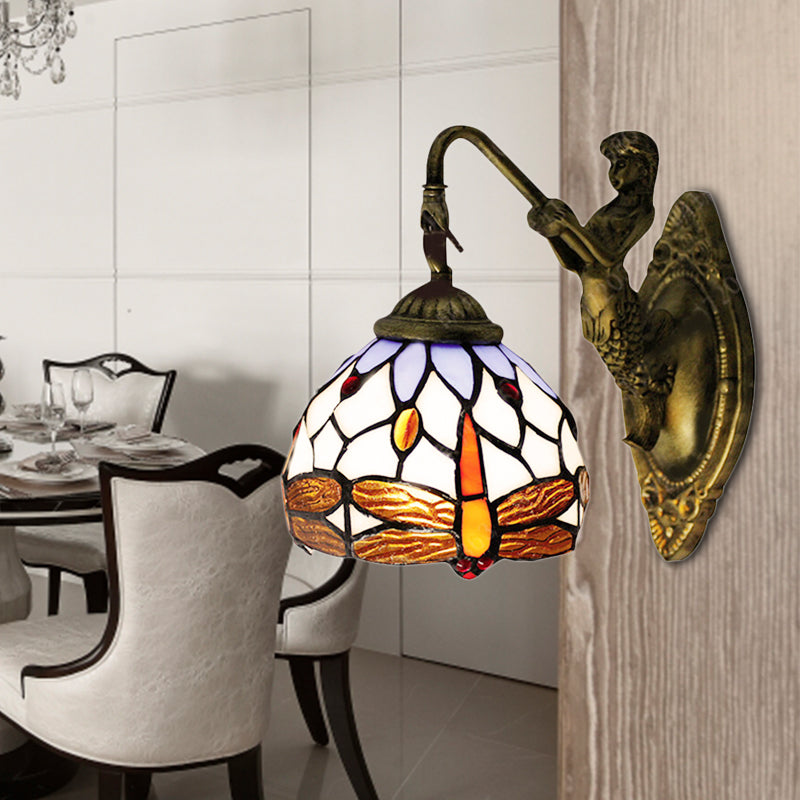 BowLift | Antique Brass Dragonfly Wall Lamp Tiffany 1 Head White Glass Wall-Mounted Lighting
