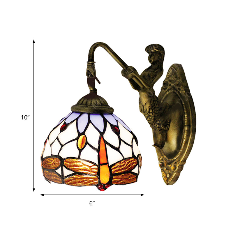 BowLift | Antique Brass Dragonfly Wall Lamp Tiffany 1 Head White Glass Wall-Mounted Lighting