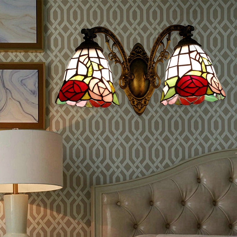 BowLift | Tiffany Style Wall Lamp Glass Painted 2 Lights Wall Lamp with Rose Pattern in Bronze Finish