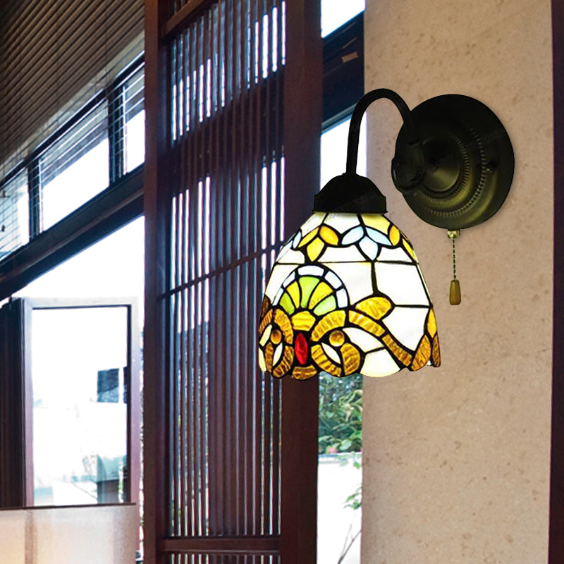 BowLift | Yellow Dome Wall Lamp Victorian Stained Glass 1 Head Wall Fixture Light with Pull Chain for Hallway