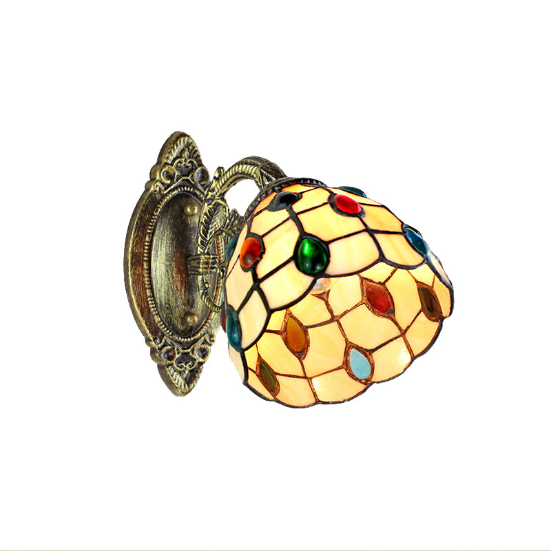 BowLift | 1 Light Dome Shade Wall Light Retro Style Stained Glass Wall Lamp with Jewel Pattern in Yellow