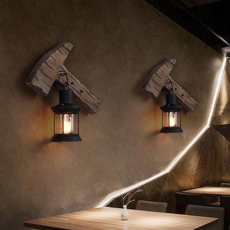 BowLift | 1-Light Lantern Wall Light Kit Landscape Brown Clear Glass Wall Pendant Lamp with Rectangular/Semi-Circular Wood Backplate