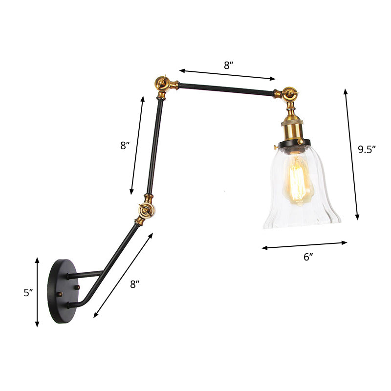 BowLift | Adjustable 3-Joint Arm Iron Wall Lamp Industry 1 Head Bedroom Wall Reading Light with Globe/Saucer Clear Glass Shade
