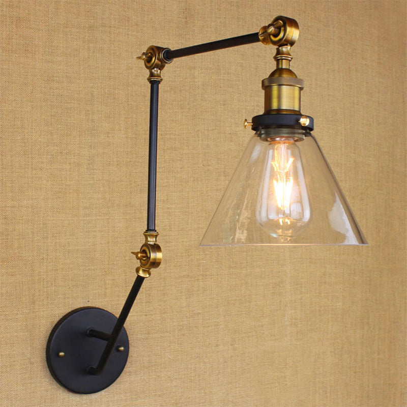 BowLift | Adjustable 3-Joint Arm Iron Wall Lamp Industry 1 Head Bedroom Wall Reading Light with Globe/Saucer Clear Glass Shade