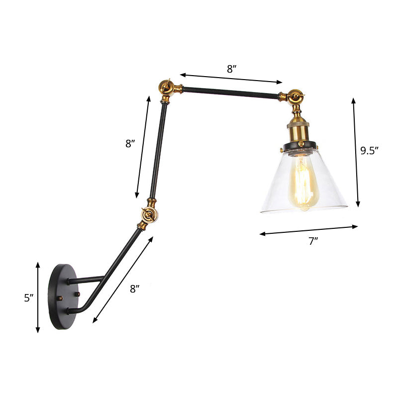 BowLift | Adjustable 3-Joint Arm Iron Wall Lamp Industry 1 Head Bedroom Wall Reading Light with Globe/Saucer Clear Glass Shade