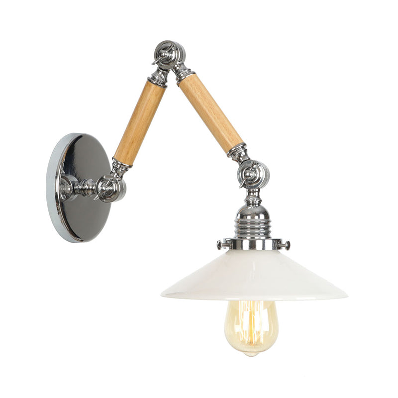 BowLift | Brown-Silver 1-Bulb Reading Wall Light Loft Clear Glass Bulb/Plate/Bell Shade Wall Lighting with Wood 2-Joint Adjustable Arm