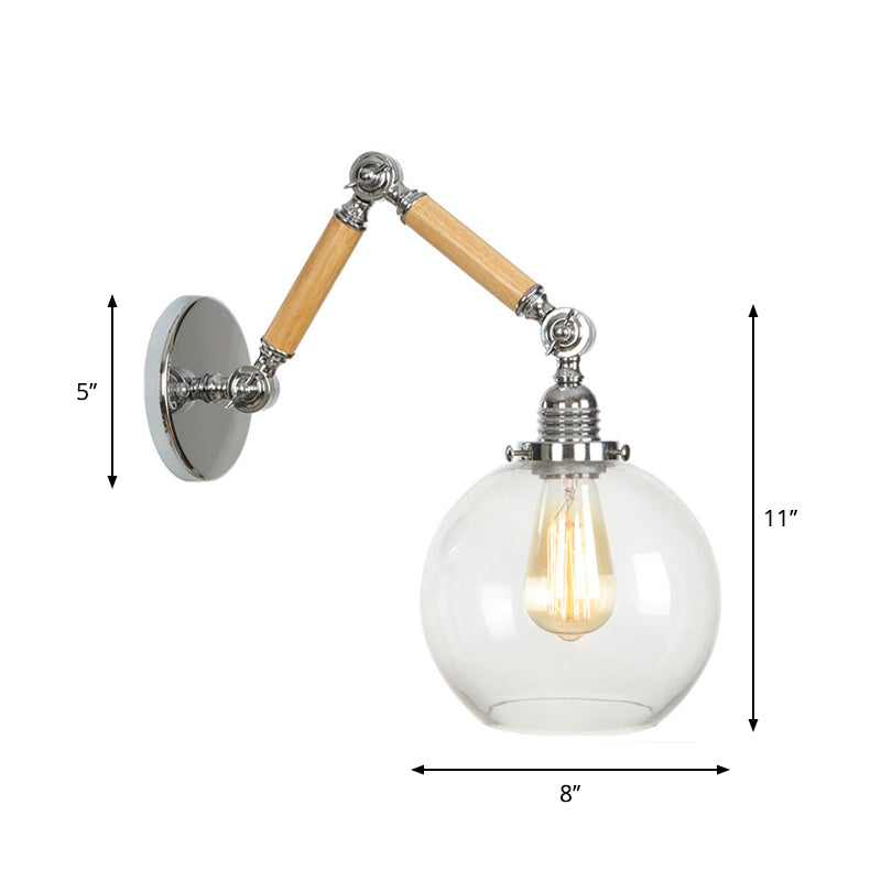 BowLift | Brown-Silver 1-Bulb Reading Wall Light Loft Clear Glass Bulb/Plate/Bell Shade Wall Lighting with Wood 2-Joint Adjustable Arm