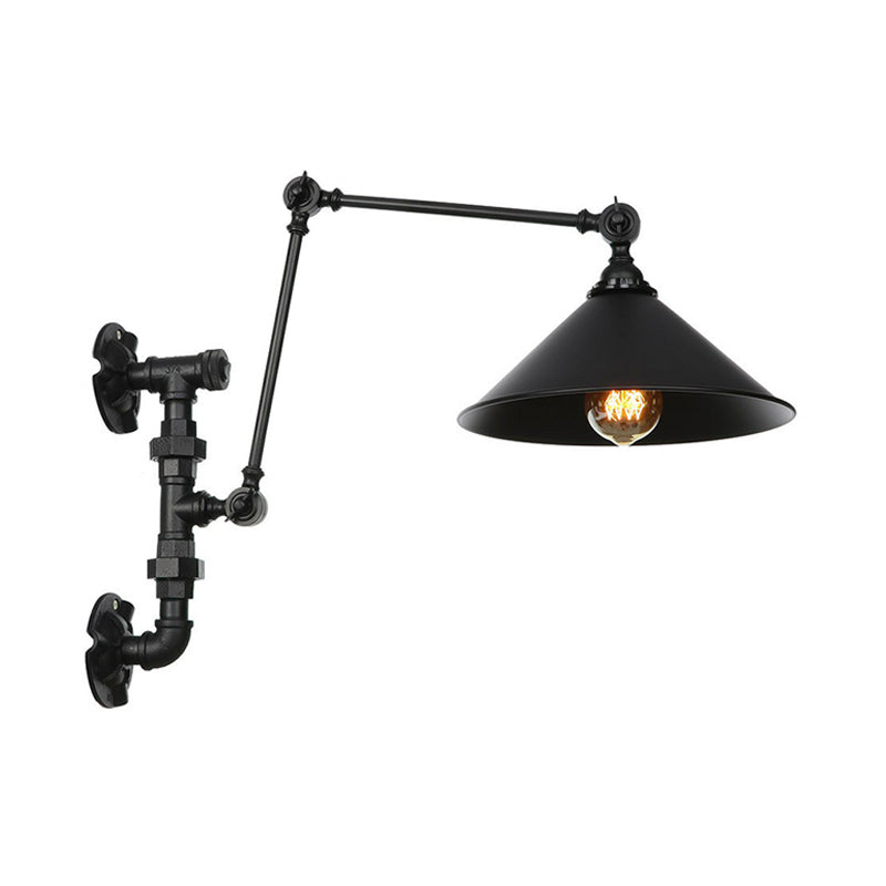 BowLift | Cone/Flared Living Room Wall Lamp Industrial Iron 1-Light Black Rotatable Wall Lighting with Water Pipe Mount