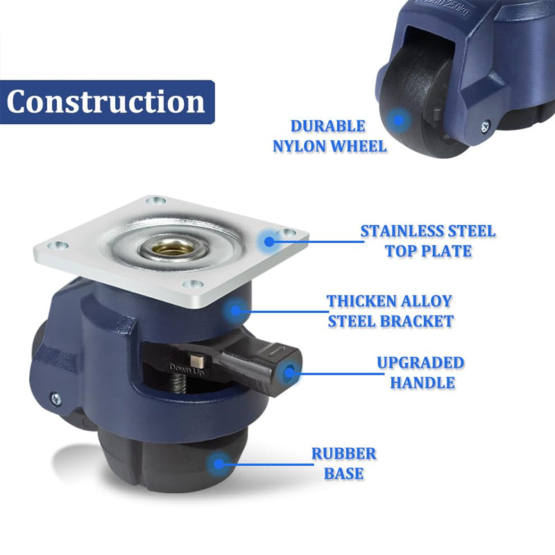 BowLift | 2 Inch Leveling Casters with Upgraded Handle 2200 lbs Capacity Leveling Casters 360° Swivel Caster Wheels