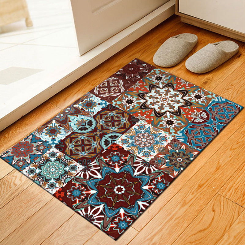 BowLift | Brown Bedroom Carpet Moroccan Flower Square Printed Carpet Polyester Non-slip Back Carpet