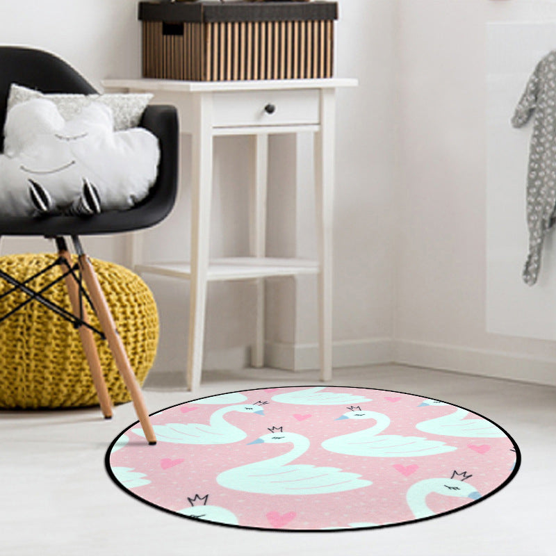 BowLift | Pink Children's Room Carpet Children's Animal Unicorn Swan Flower Heart Pattern Carpet Polyester Pet-Friendly Carpet