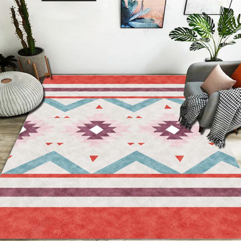BowLift | Blue and Red Bedroom Carpet Moroccan Medallion Triangle Stripes Pattern Area Rug Polyester Non-Slip Rug