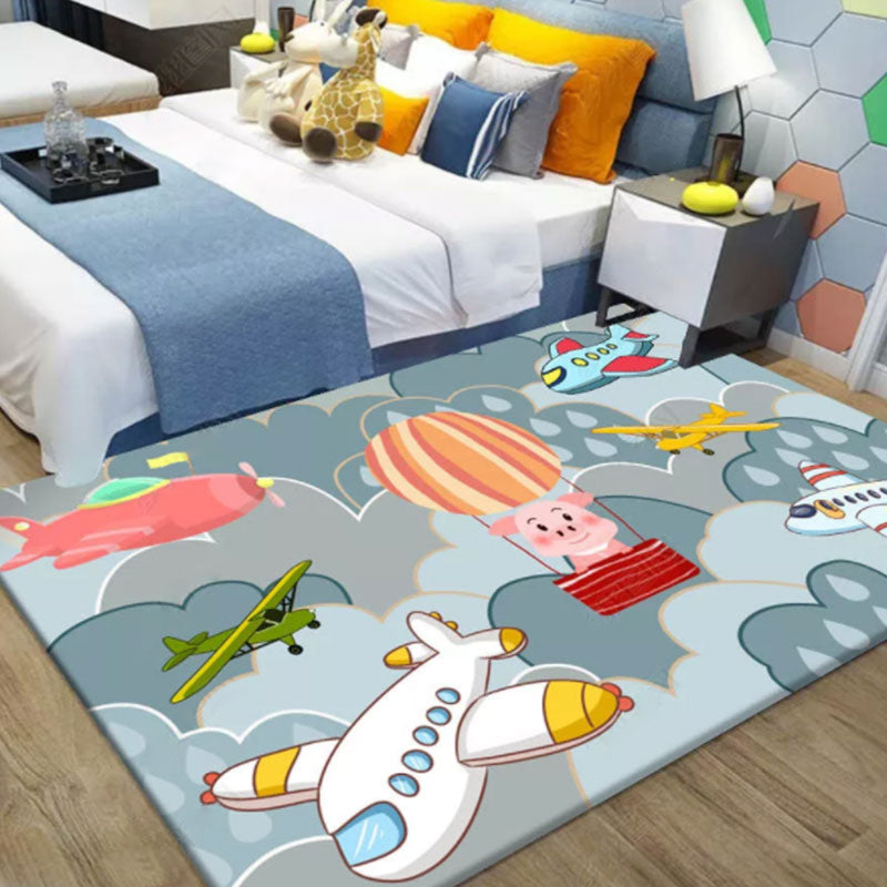 BowLift | Beautiful blue children's carpet Polyester airplanes and balloon pattern carpet washable pet-friendly non-slip carpet for the children's room