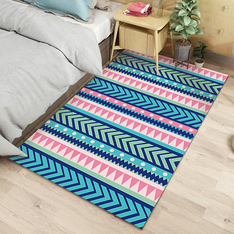 BowLift | Blue and pink striped tribal rug with chevron geometric polyester pet-friendly stain-resistant indoor rug for bedroom