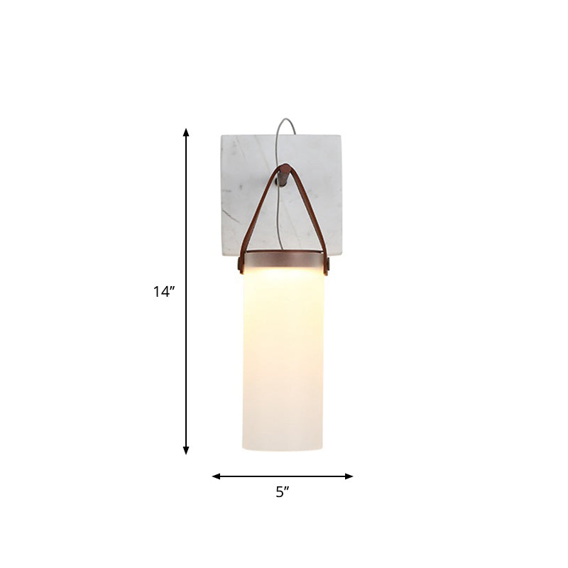 BowLift | Cylinder Nightstand Wall Hanging Lamp White Glass Nordic LED Wall Lamp with Leather Strap