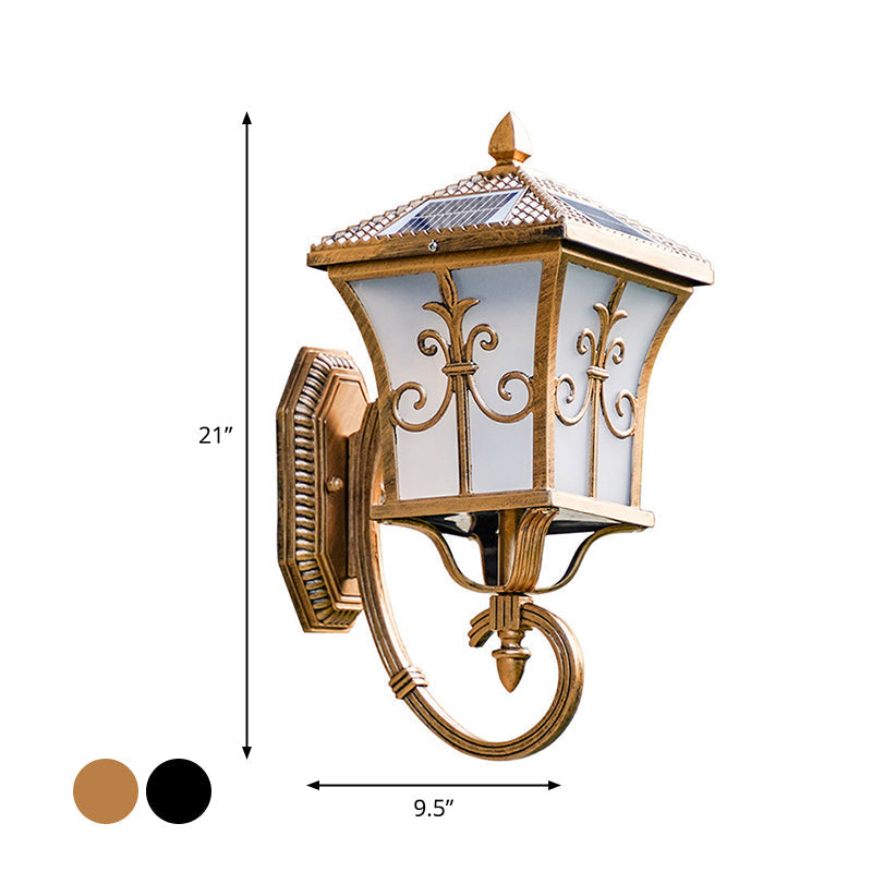 BowLift | Frosted Glass Curved Lantern Wall Light Traditional Terrace Small/Large Solar LED Wall Lamp in Black/Brass